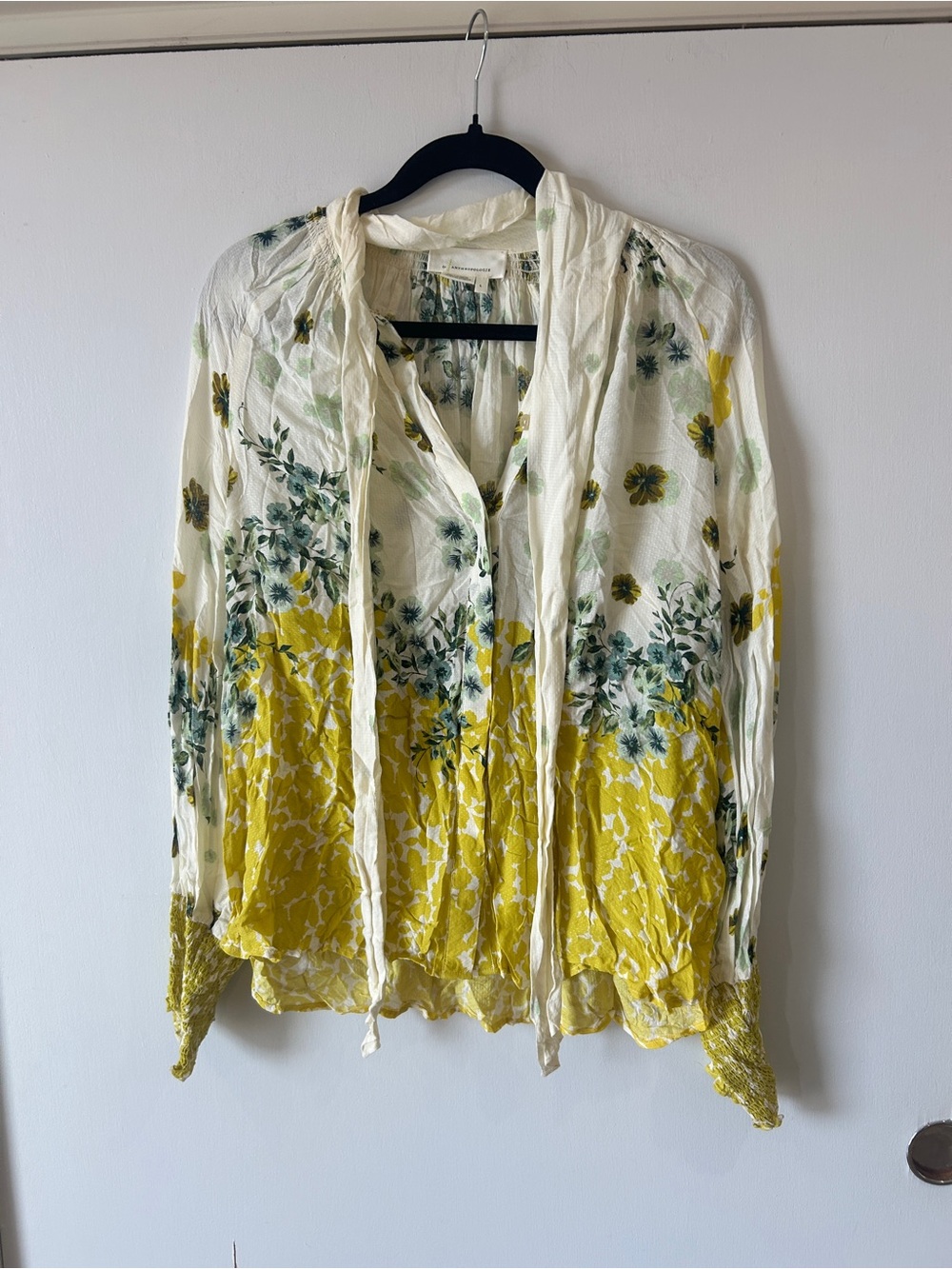 Anthropologie Yellow and Green Floral Tie-Neck Blouse